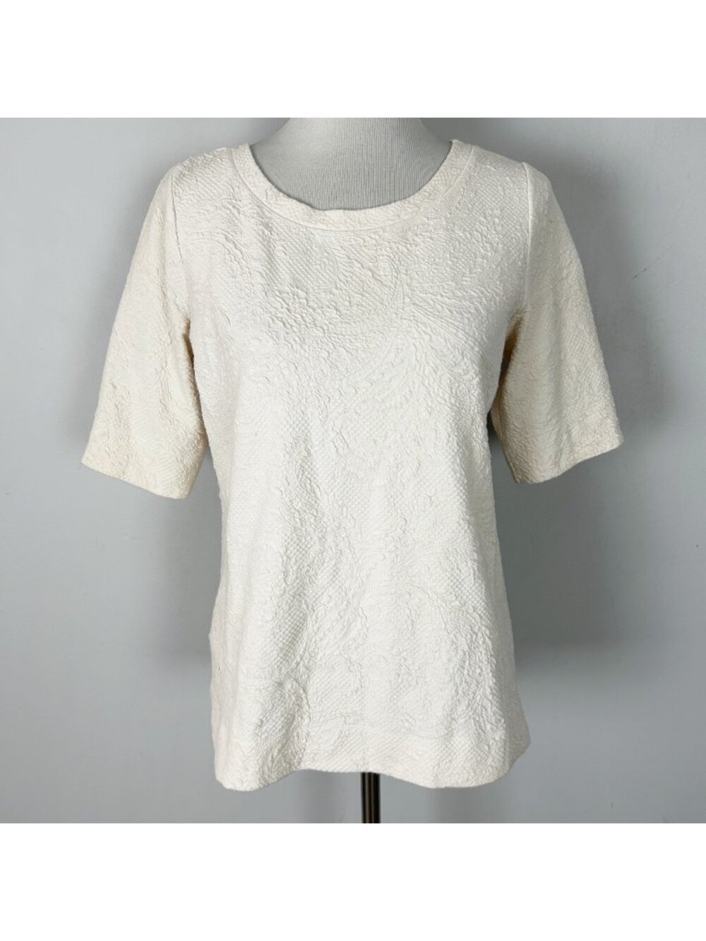 Loft‎ Ivory Tonal Textured Floral Knit Top Stretch Spring Size Medium Women's